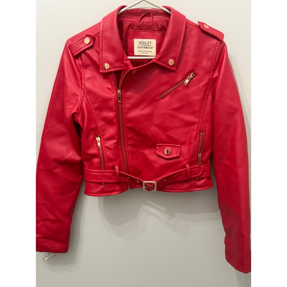 Ashley by 26 International Women's Size M Red Faux Leather Cropped Moto Jacket